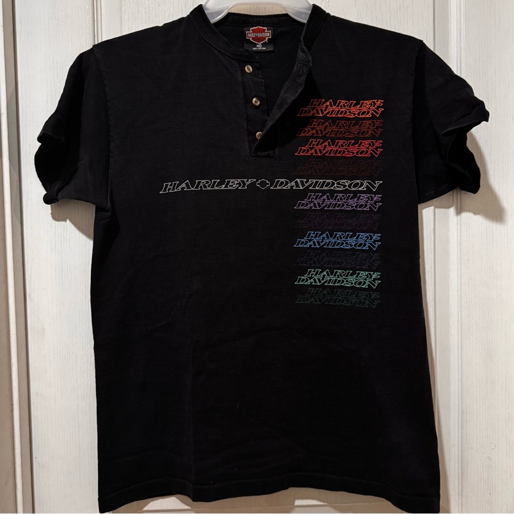 Vintage 90s Harley Davidson Henley Shirt M Spellout logo Central TX Austin black